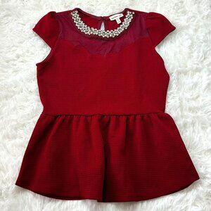 Monteau Girls Dark Red Elegant Dress Baby 10 months with a Pearls Collar